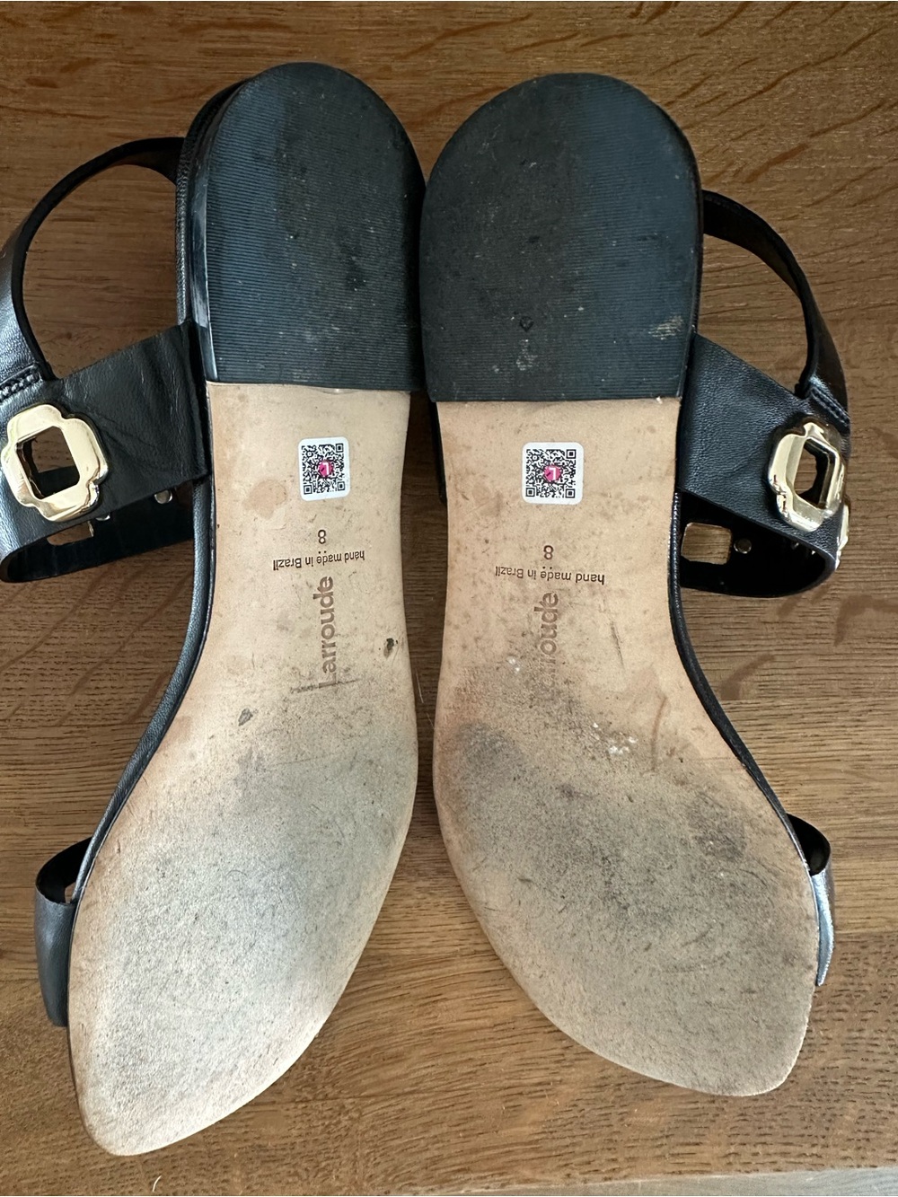 Larroude Milan Black Leather Sandal with Gold Accent, Size 8 - Picture 9 of 15
